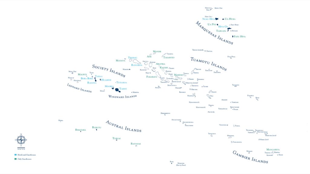 Map of French Polynesia showing the Society, Tuamotu, Marquesas, Austral and Gambier groups
